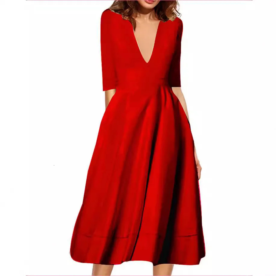 Womens Autumn Elegant Solid Midi Dress Deep V Nedk Half Sleeve Aline Khaki Blue Party Evening Abito Donna 250320