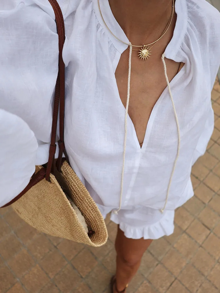 White Loose V Neck Puff Lace Long Sleeve Shirt Suits Women Casual Lace Up Pledted Solid Short Pants Sets Beach Vocation Outfits 250320