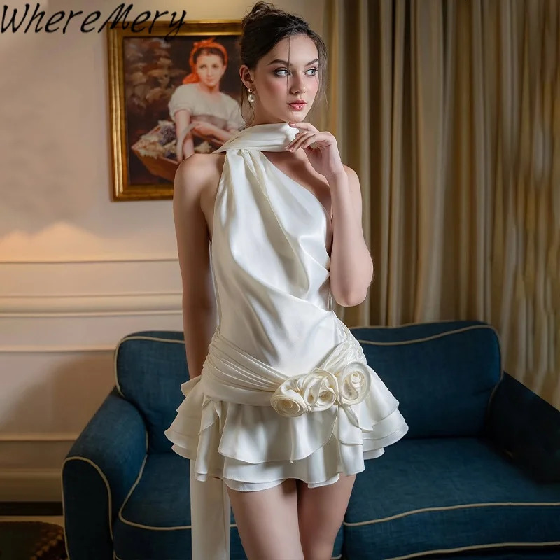 WhereMery Sexy Satin Backless 3D Flowers Women Dresses White Halter Aline Dress Female Spring Slim Elegant Party Beach 250320
