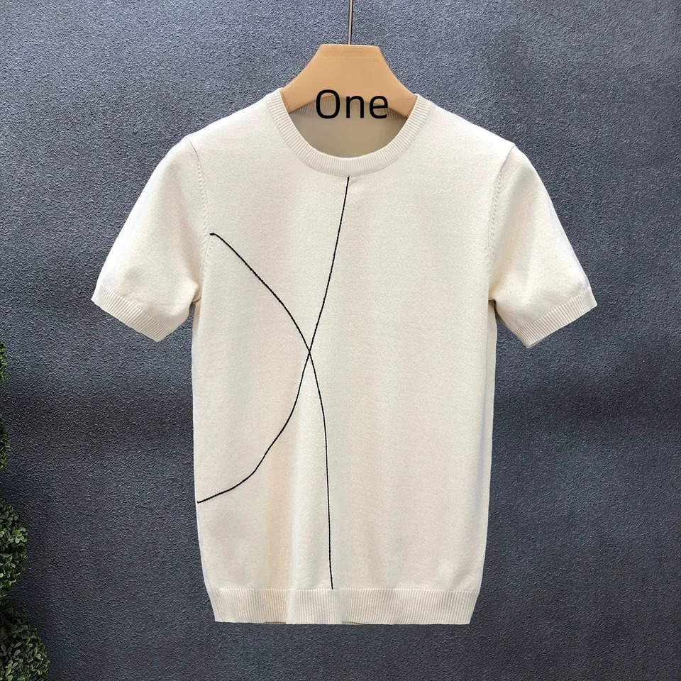 Mens slim fit ice silk knitted Tshirt highquality cotton blend casual street wear short sleeved mens 250312