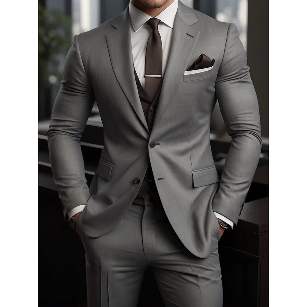 High Quality Mens Suits Grey Outfits Single Breasted Notch Lapel Wedding Costume 3Piece Jacket Pants Vest Slim Fit 2025 250311
