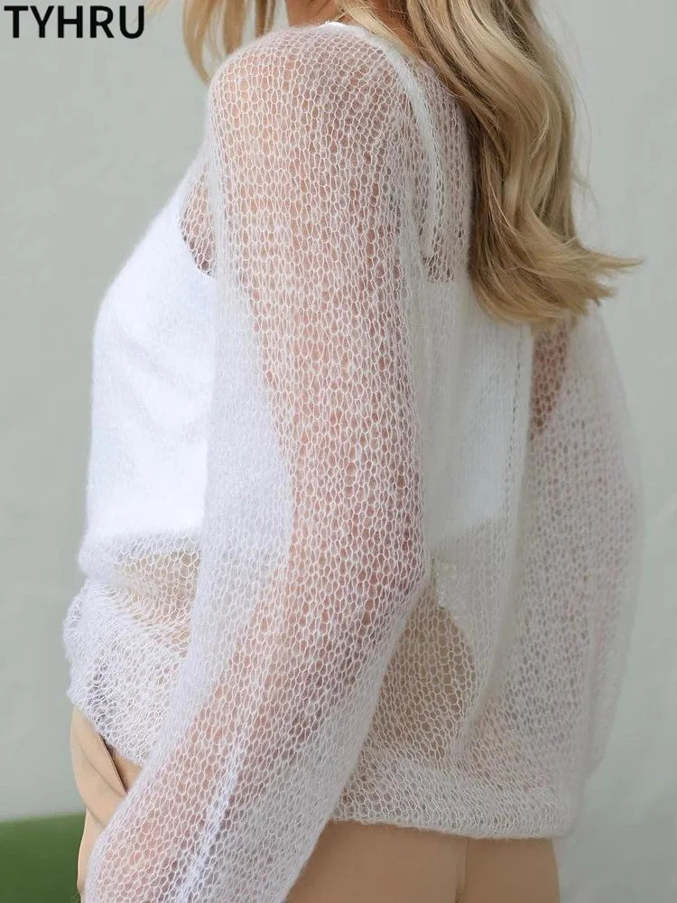 TYHRU Womens Knitted Sweaters Lady Hollow out Thin Pullover Fashion Loose Sweatshirt Top Sweet Elegant Smock Female 250319