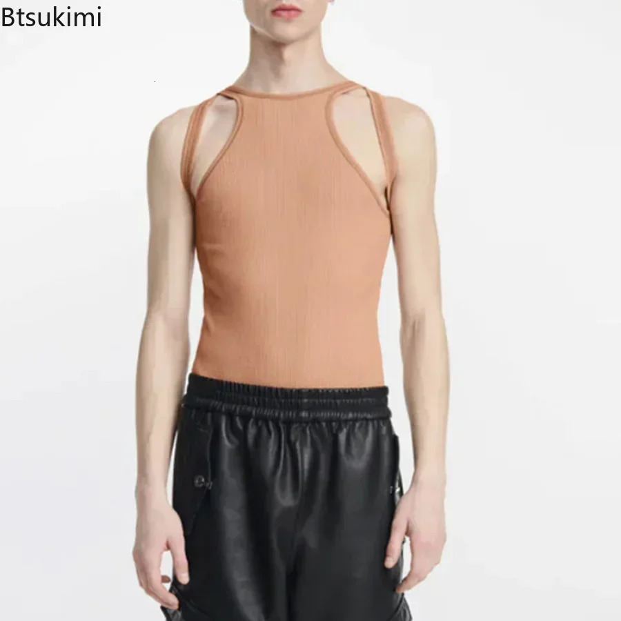 mens summer sleeveless solid vest streetwear O-neck hollow knit vest 250318