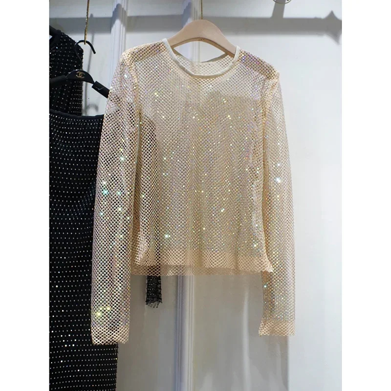 Womens See-through Hollow Shiny Bottoming Spring and Summer Temperament Bright Diamond Net Shirt Round Neck Long-sleeved Tops 250320