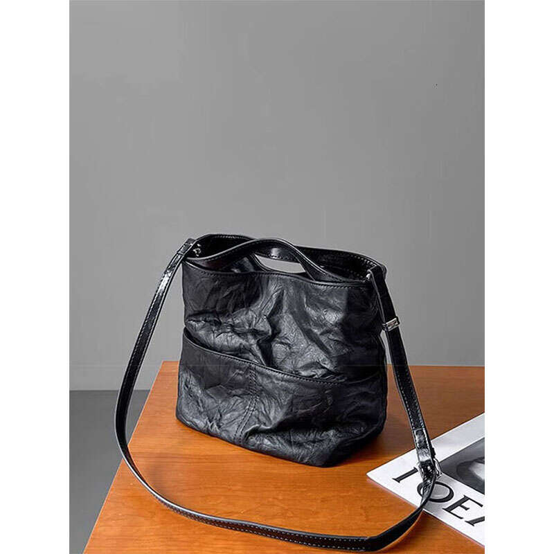 Women's Bags Black Handbag for Women New Spring/Summer High Quality Texture Lazy Style Soft Leather Folded Crossbody Bucket Bag