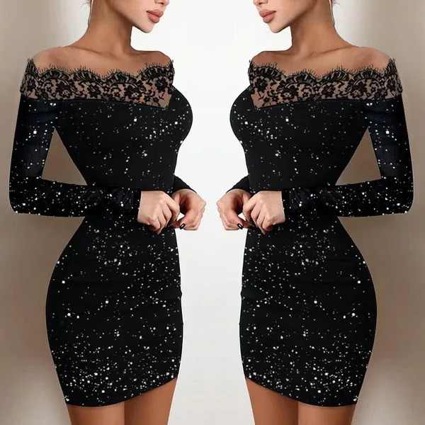 Chinese Year womens fashionable elegant casual sexy long sleeved lace trimmed single shoulder silver powder short dress 250320