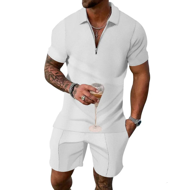 Summer mens light mature casual solid color waffle polo shirt mens half zipper short sleeved set 250318