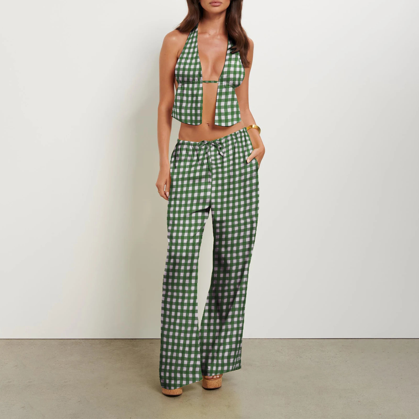 Womens Sexy 2 Piece Outfits Stripe Tie Up Halter Neck Sleeveless Backless Cut Out Top and Loose Pants Set Clubwear 250320