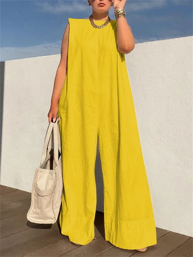 Lemongor Womens Shoulder Pad Jumpsuits 2025 Summer Sleeveless Solid Color Oversize Loose Casual Fashion Wide Leg Jump Suits 250320