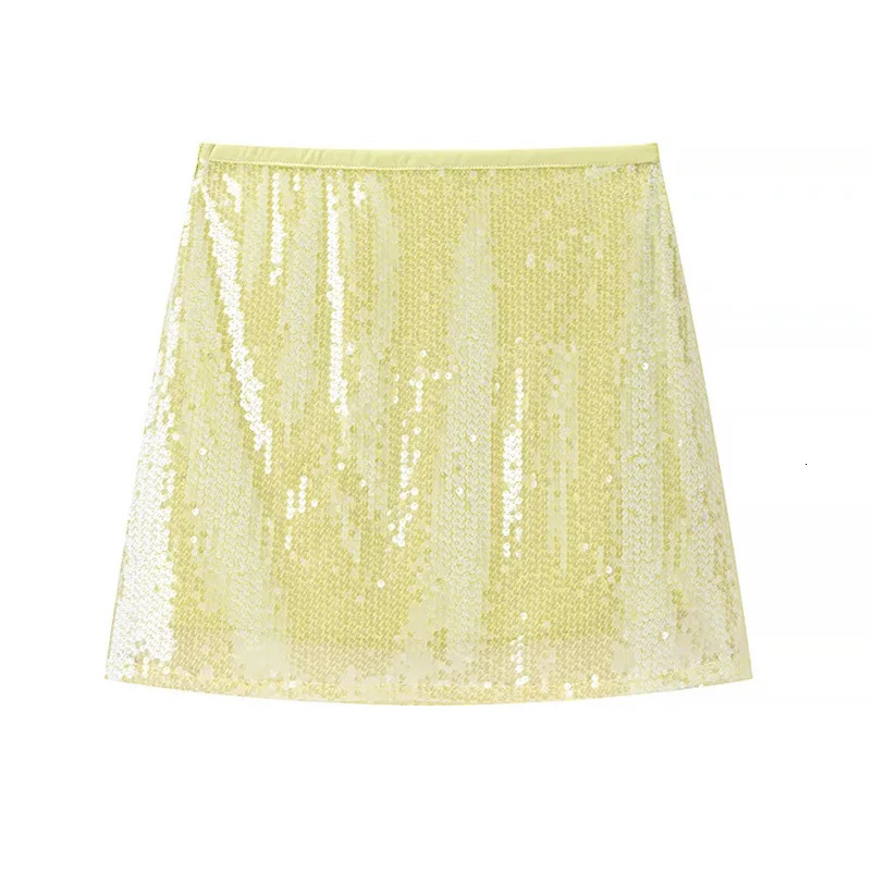 TRAF Woman 2025 Skirts Yellow Mini Skirt Summer Shiny Sequin Sexy Short Skirt Streetwear A-Line Y2K Skirts For Women 250321