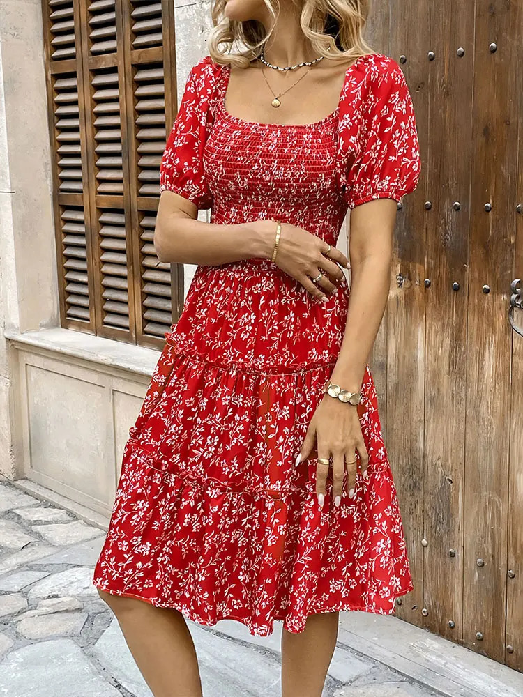 Spring womens mini dress streetwear fashion short sleeved printed casual slim fit red sexy backless elegant 250320