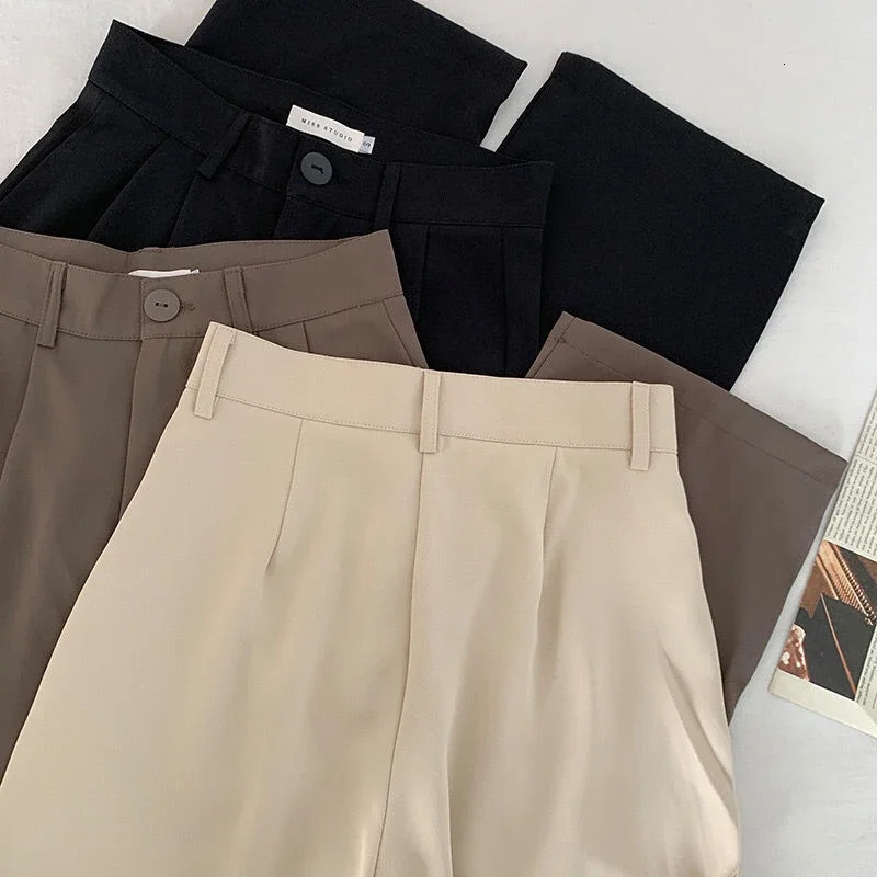 High waisted womens suit pants straight office fashionable mens casual button loose black 2024 250320