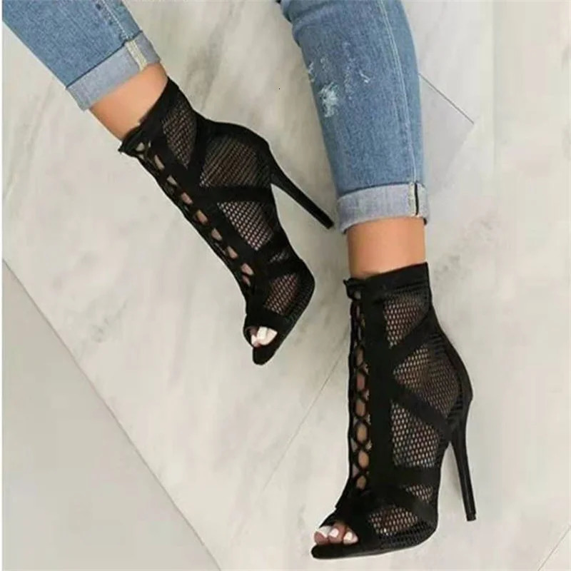 Fashion Show Black Net Fabric Cross Strap Sexy High Heel Sandals Woman Shoes Pumps Lace-up Peep Toe Sandals Casual Mesh 250317