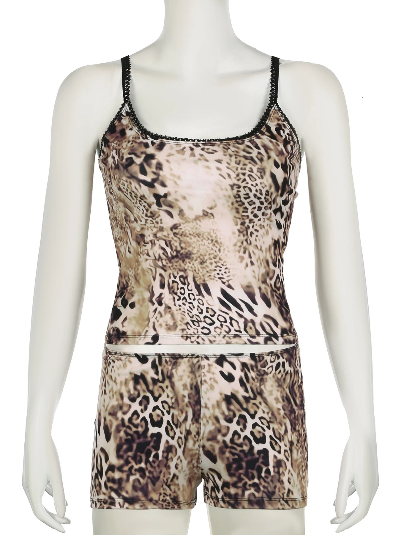 IAMSURE Sexy Leopard Printed Shorts Pants Women Slim 2 Piece Set Slash Neck Sleeveless Camis Top Low-Waisted Shorts Ladies 250320