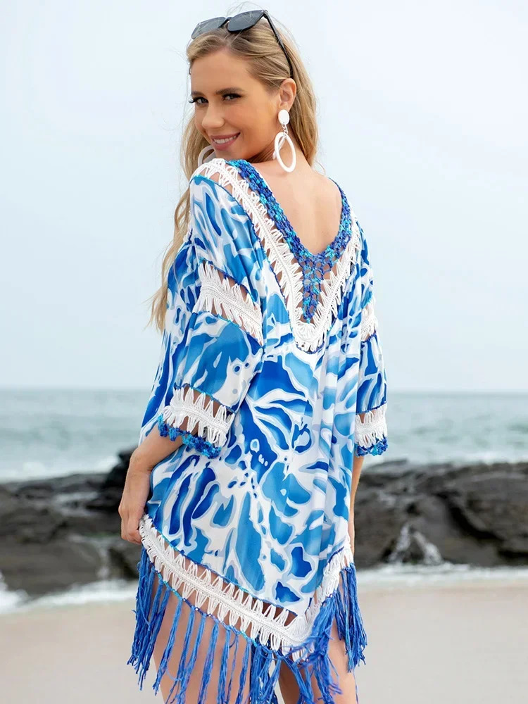 OIINAA Bikini Cover Womens Beach Hat Hollow tassel Patchwork Printed Beach Dress Summer Fashion Womens Beach Wear 250317