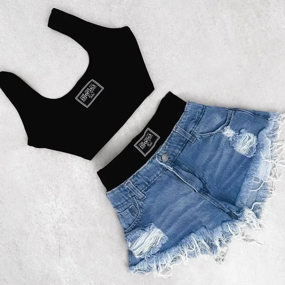 Korean sweet retro beach suspender sleeveless T-shirt sexy y2k Harajuku simple daily casual denim shorts two-piece set 250320