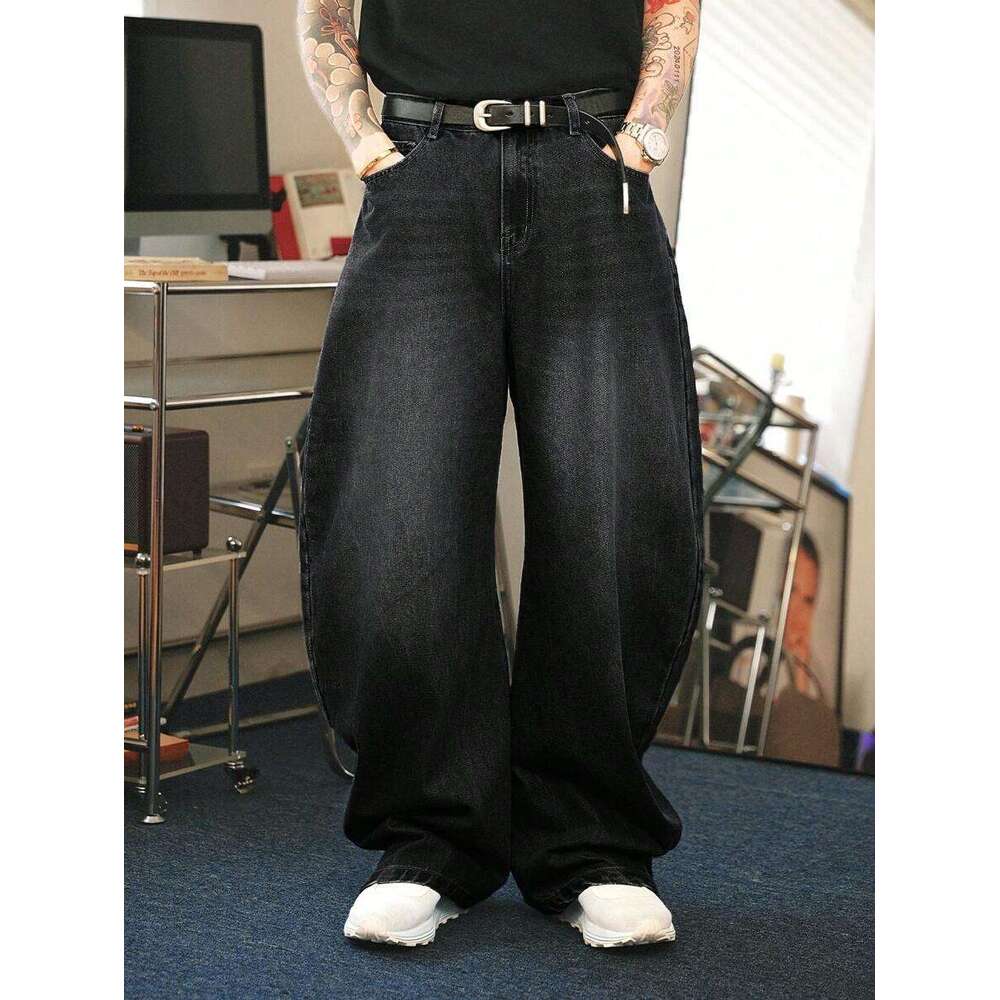 American high street trend black loose wide straight leg casual jeans for men and women