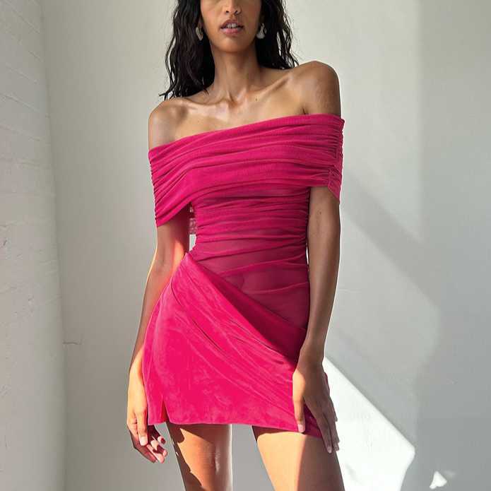 temperament fashion spring and summer one shoulder mesh hollow pleated exposed waist short dress 250315