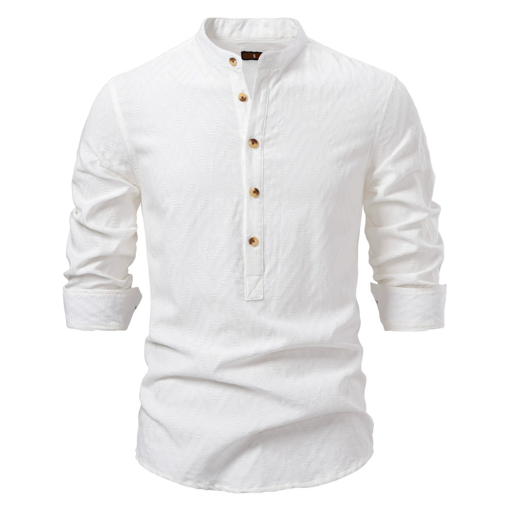 Spring Summer Pullover Shirts Collar Shirt Men's Solid Color Jacquard Casual Long Sleeve Shirts EUR Size XXL White Black 60% cotton,40% rayon Top