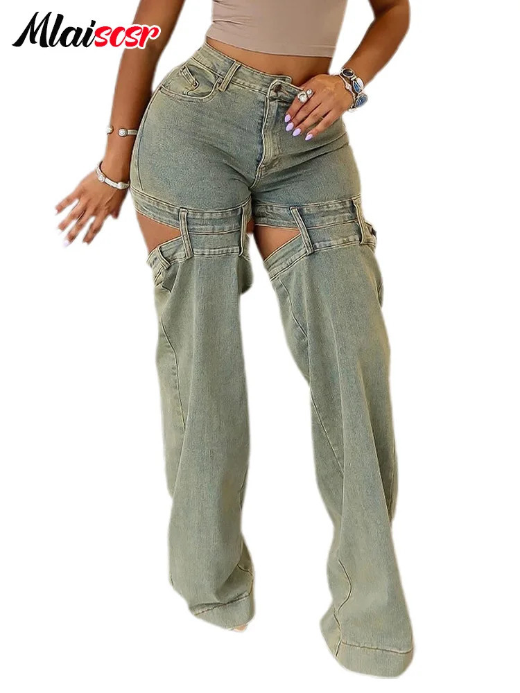 Mlaiscr Retro Hollow Spliced Denim Pants Womens Button High Waist Wide Leg Jeans Straight Trouser Street Clothing Bottom 250314