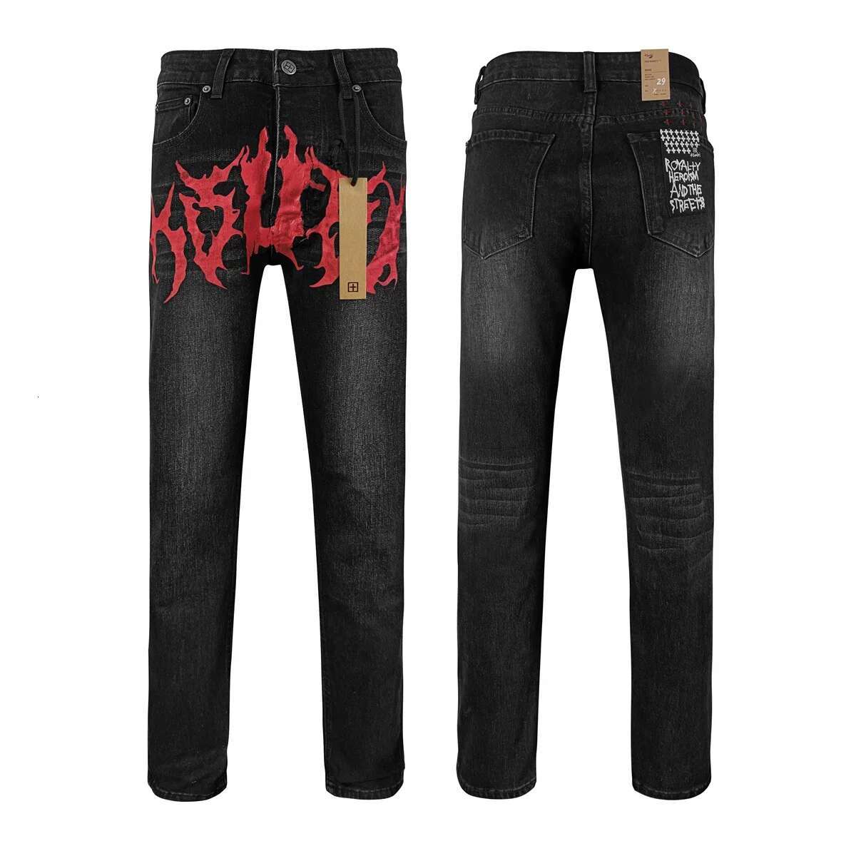 Designer Jeans 2025 Spring/summer New Men's High Street Retro Washed Black Letter Printed Trendy Daily Casual Low Waist Elastic Tight Jeans Brand
