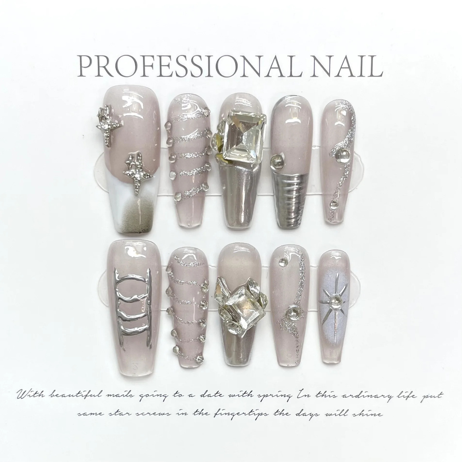 10 PCS Handmade Y2k Press on Nails Long Punk Silver Adhesive False Nail Full Cover Coffin Artifical Stick-on Nail Tip Nail Art 250319