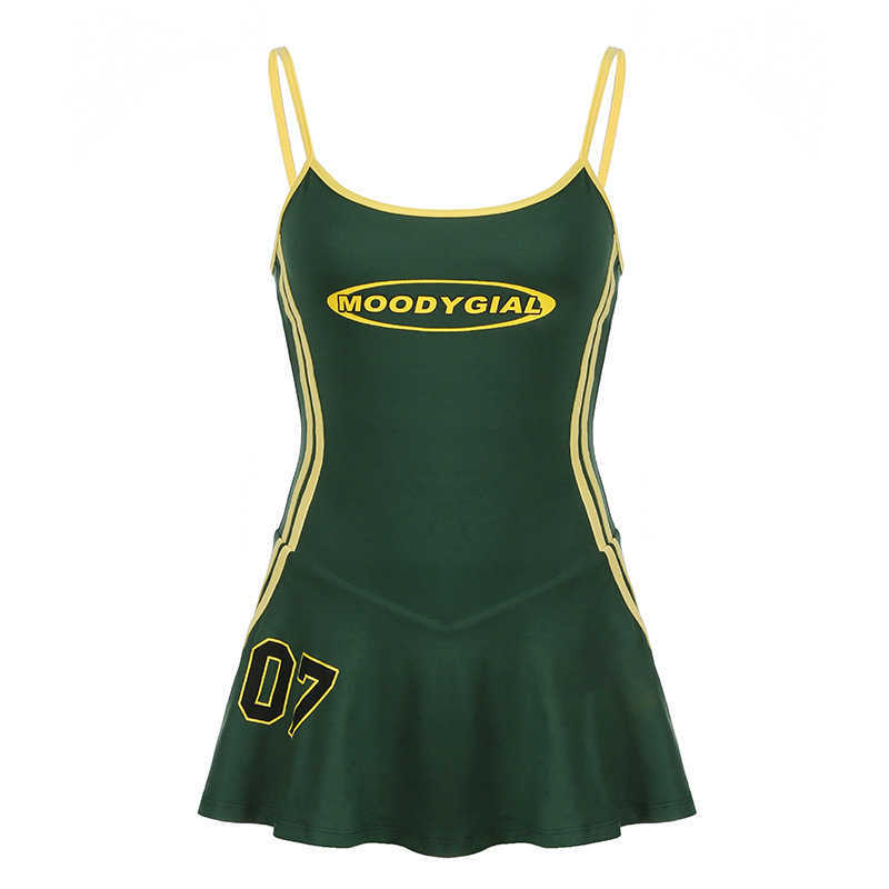 American sports and leisure camisole dress summer digital striped ribbon contrasting color spicy girl waist cinched A-line dress 250315