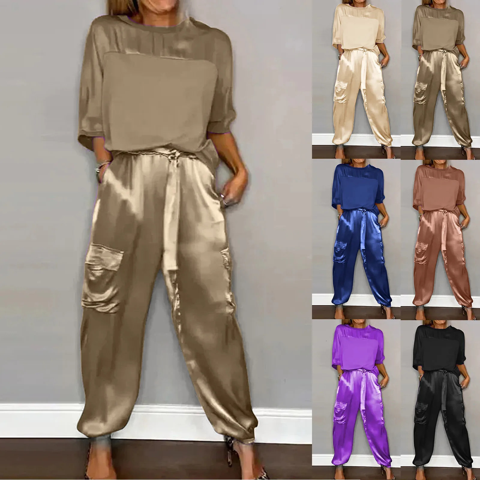 Summer Fashion Solid Satin Two Piece Set Women Round Neck Long Sleeved Top Long Pants Casual Loose Soft Female Top Trousers 250320