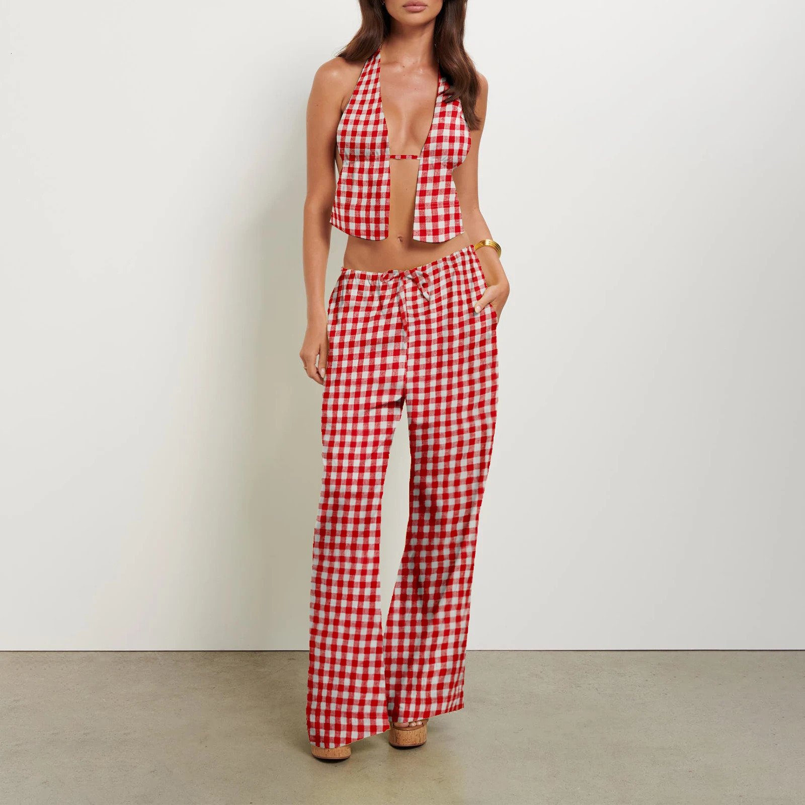 Womens Sexy 2 Piece Outfits Stripe Tie Up Halter Neck Sleeveless Backless Cut Out Top and Loose Pants Set Clubwear 250320