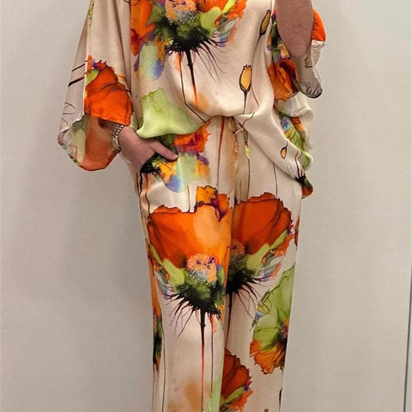 Conjuntos Para Mujeres 2 Piezas Women Printed Satin Two-piece Set 34 Sleeve Round Neck Pants Summer Fashionpant Sets 250320