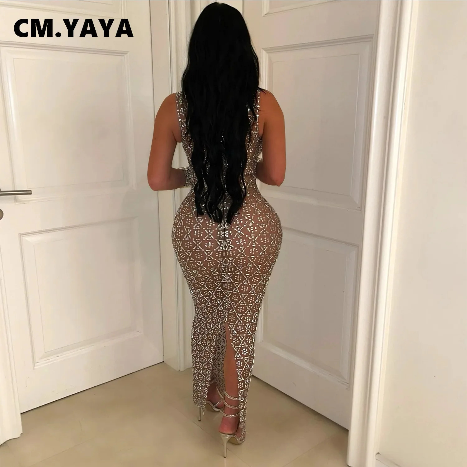 CMYAYA Summer Sleeveless Diamond Long Dress Mesh View Fashion Evening Sexy Party Club Birthday 250320