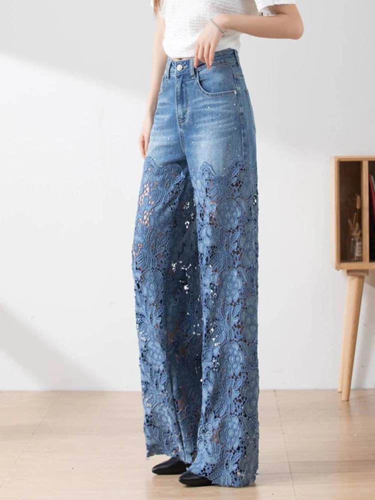 VGH Solid Hollow Out Patchwork Lace Casual Jeans For Women High Waist Spliced Pockets Minimalist Loose Wide Leg Pants Female 250320