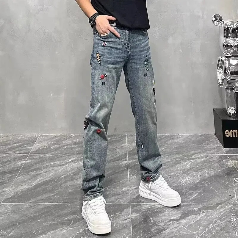 Tight jeans mens wear Trouser pants pocket Y2k streetwear denim shorts flame cargo width 250312