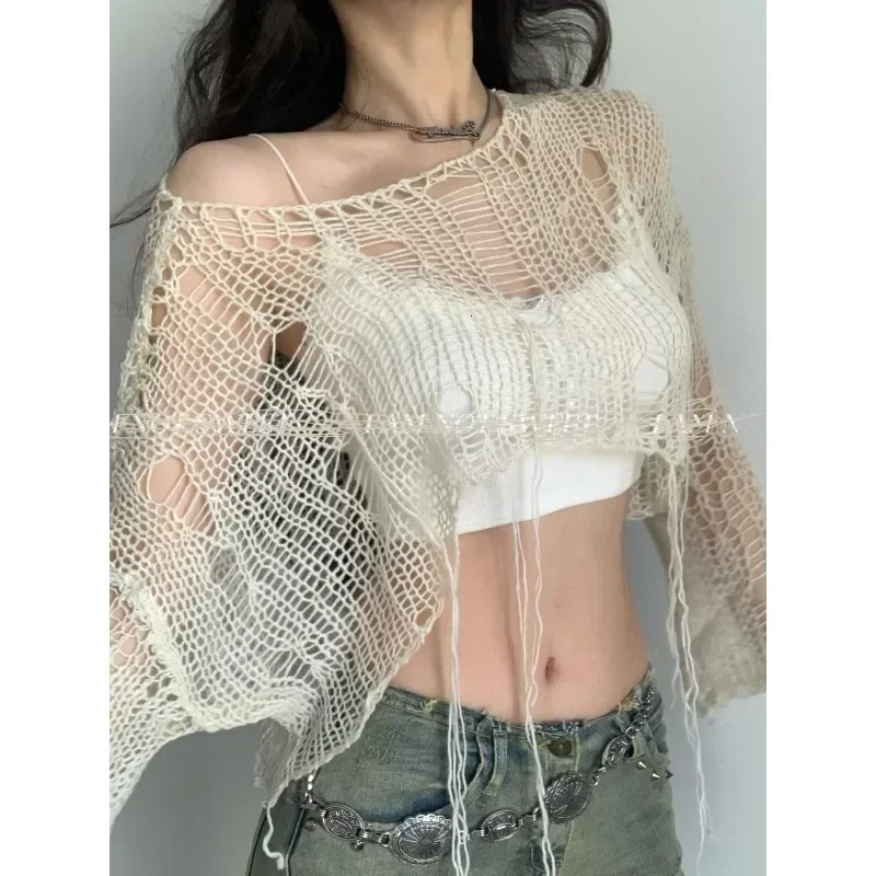 White Slash Neck Grunge Knitted Womens Sweater Hole Ripped Pullover Crop Top Harajuku Hollow Out Sexy Summer Jumpers 250319