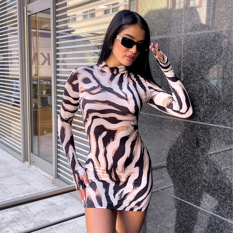 CUTENOVA Zebra print slim fit long sleeved mini dress with finger gloss half neck floral packaging tight fitting womens clothing 250320