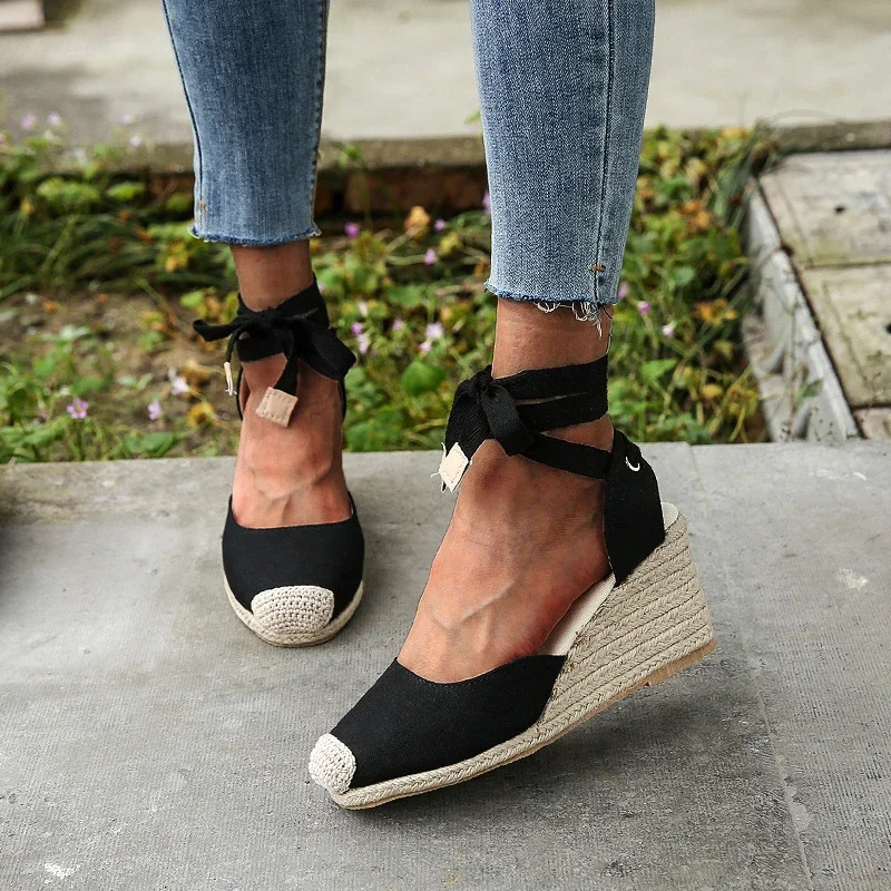 Womens Espadrille Ankle Sandals Comfortable Slippers Casual Shoes Breathable Flat Hemp Canvas Pump 250321BJ