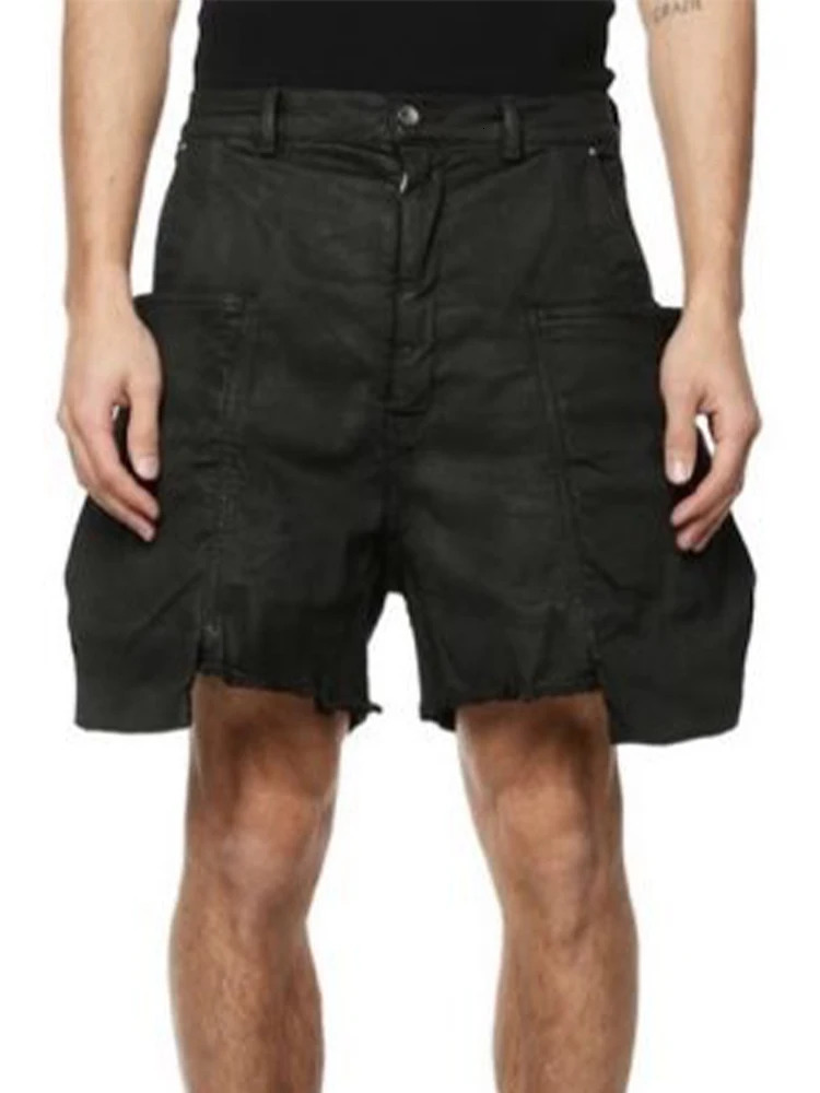 RO Style Brushed Wax Coated Rough Edge Denim Shorts Men Dark Multi Pockets Five Quarter Pants Cargo 250317