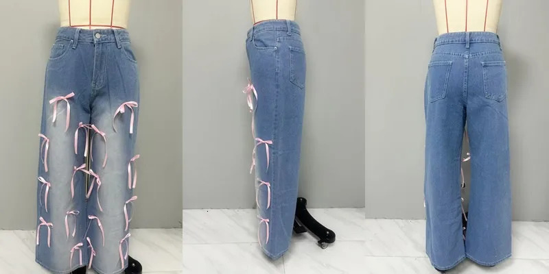 Women Denim Pant Jeans Wide Leg Long Pants Bow High Waist Straight Trousers Y2k Streetwear Elegant Casual Loose Party Club 250320