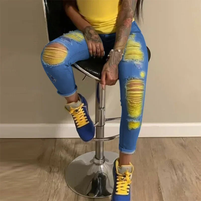 Open Skirt Womens Jeans Yellow Scratched Denim Pencil Pants High Waist Stretch Tight Hollow 250320