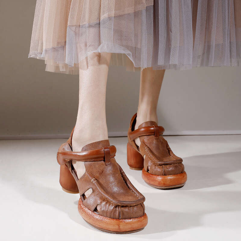High Heel Genuine Leather Thick Heeled Women Returning To The Ancient Style For Spring And Summer New Waterproof Platform Tire Cow Comfortable Handmad