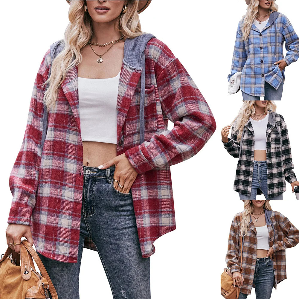 Spring Autumn Women Flannel Jacket Female Checkered Contrast Drawstring Hooded Casual Shirt Coat Womens Oversize Windbreaker 250313