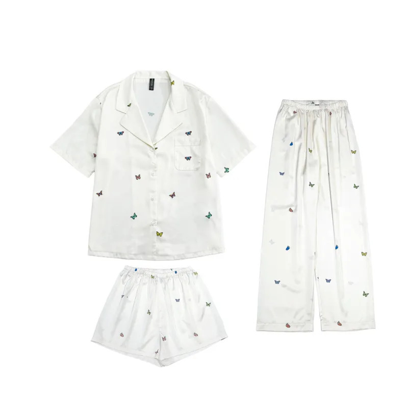 Fashionable and three piece ice silk sleepwear womens short sleeved set printed with small butterfly summer thin sleepwear set 250321