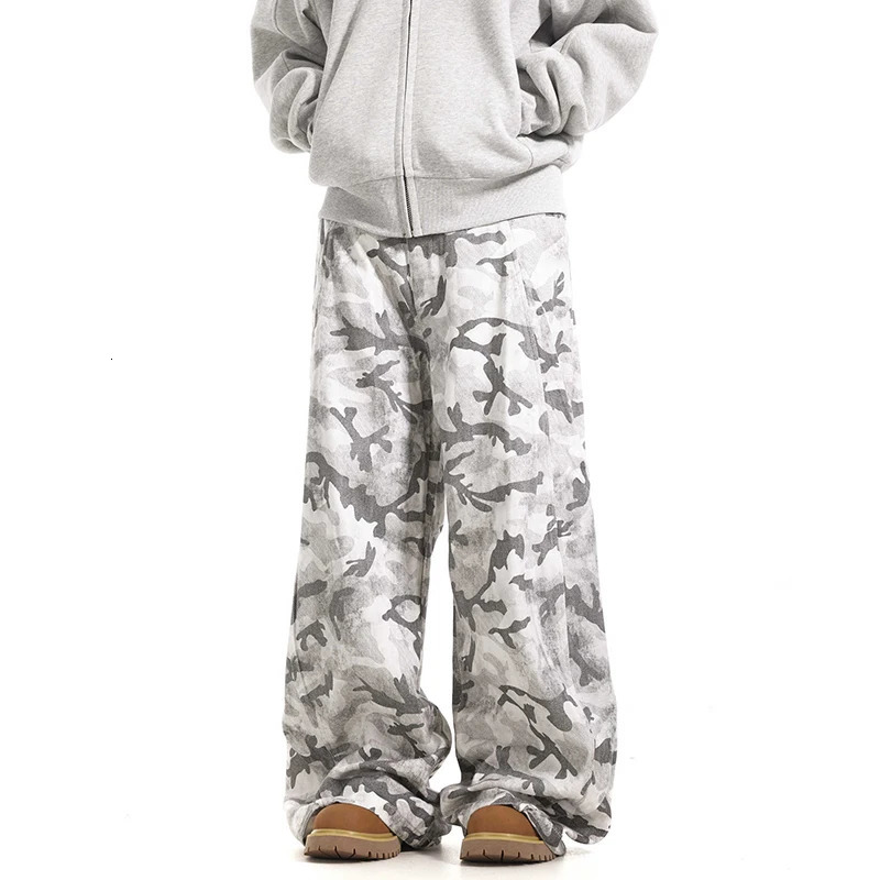 PFNW retro brushed gray white camouflage multi pocket cargo pants niche jeans loose straight leg wide 28W5796 250317