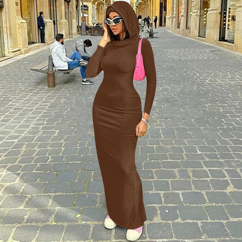 Autumn Product Fashionable Solid Color Slimming Wrinkle Hoodie Bag Hip Split Look Dress For Women 250320