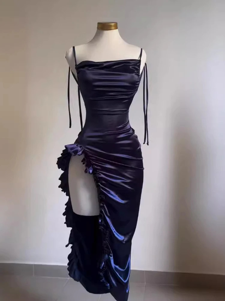 Sexy Bodycon Long Dress Women Summer Vintage Backless Strapless Ruffles Fork Party Club Elegant Evening Dresses Lace Up Vestidos 250320