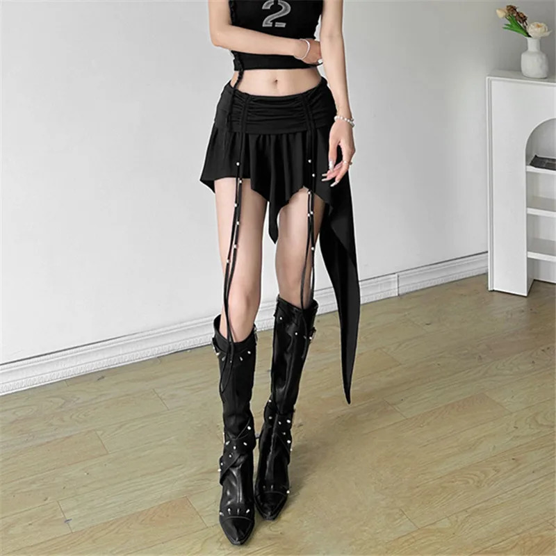 Goth Dark Mall Gothic Dropped Waist Drawstring Mini Skirt Punk Grunge Women Irregular Hem A-line Skirts Chic E-girl Techwear Y2K 250320