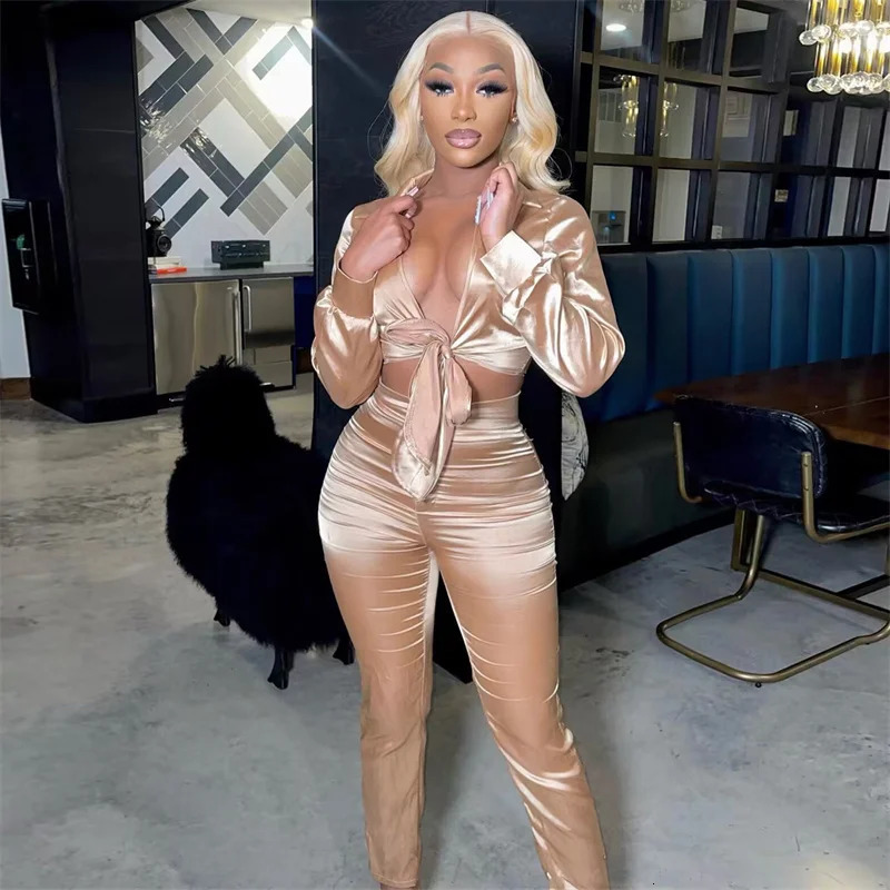 Elegant Satin Two Piece Set Women Clothing Long Sleeve Lace-Up Crop Top and Pants Club Birthday Outfits Matching Sets Wholesale 250320