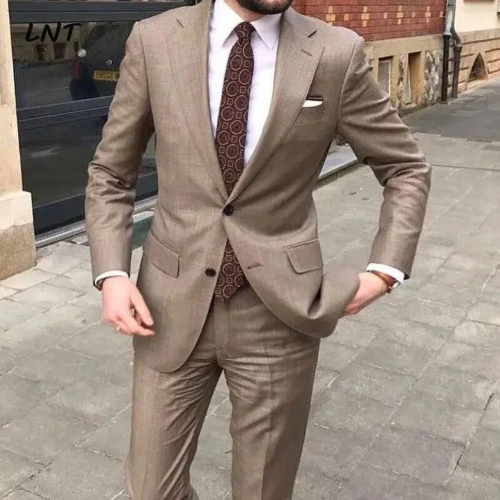 Slim Khaki Men Suits Two Pieces Summer Fashion Notch Lapel Single Breasted Outfits Chic Business Causal Wedding Set 250311