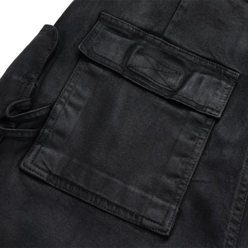 RO Style Brushed Wax Coated Rough Edge Denim Shorts Men Dark Multi Pockets Five Quarter Pants Cargo 250317