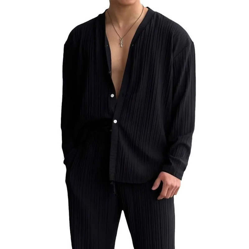 Ultra thin solid color sexy deep V cardigan knitted sweater casual fashion set two-piece set for men 250320